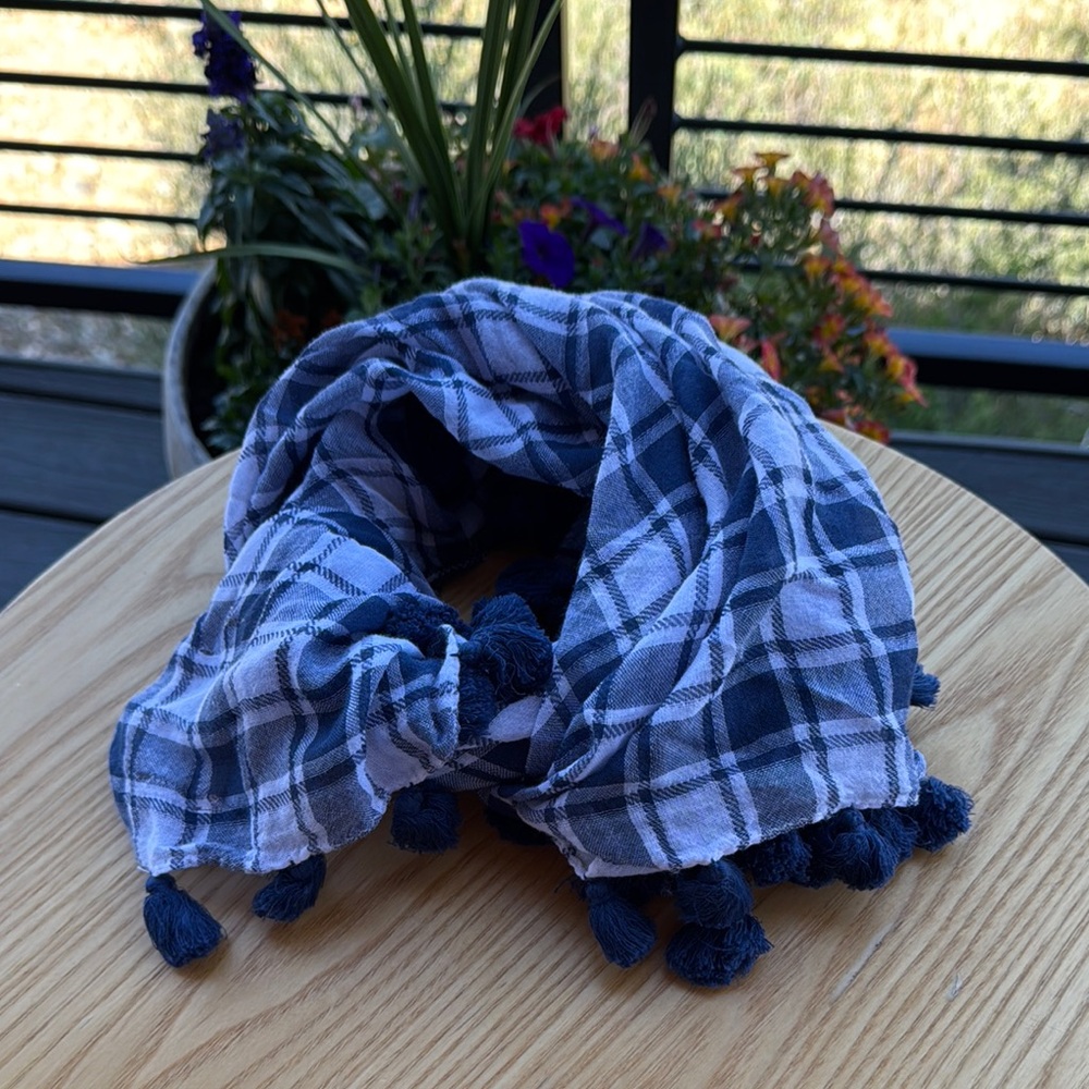 Hollister Blue and White Plaid Scarf with Tassels